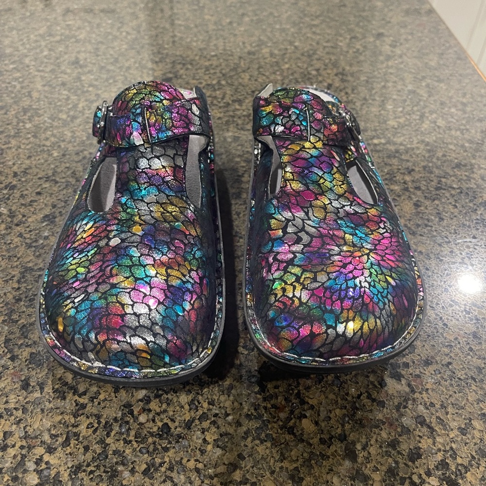 Alegria Women's rainbow minnow slip on clogs